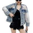 thumbnail image 2 of YM YOUMU Women's See Through Floral Embroidery Lace Crop Denim Jacket Ripped Distressed Jean Coat, 2 of 5