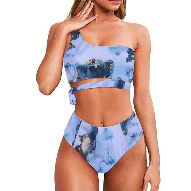 Traje de baño de dos piezas, pantalones cortos de cintura alta con un hombro, traje de baño elegante para mujer para verano
