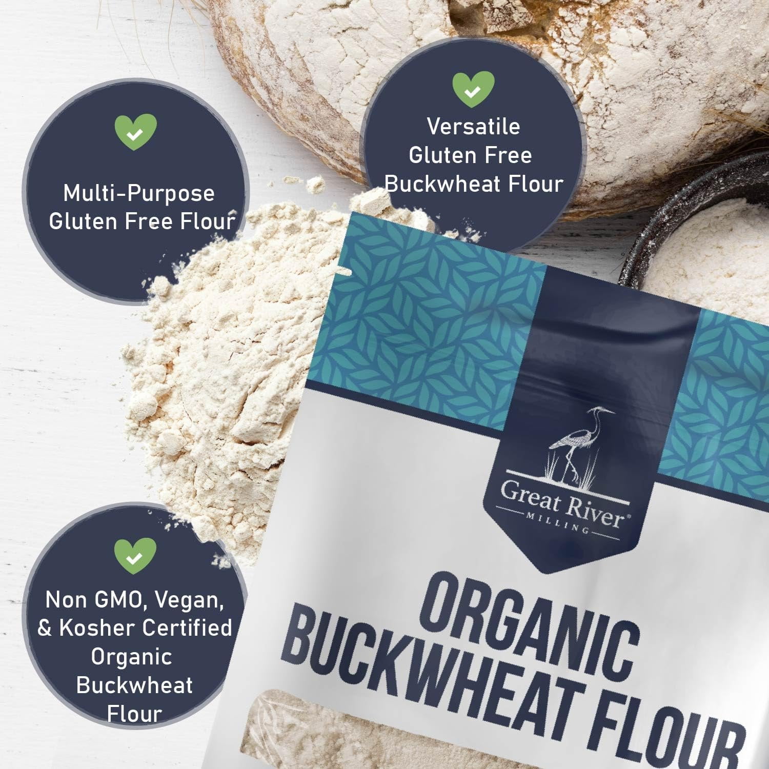 Great River Organic Milling Organic Buckwheat Flour  Gluten Free Flour Alternative  USDA Organic, Non-GMO, Kosher  Ideal for Crepes, Pancakes, Waffles, Baking & More  5 Lb
