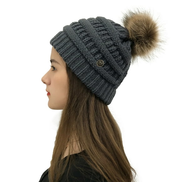 DAMAIE Knit Slouchy Beanie for Women Thick Baggy Hat Faux Fur Pompom Winter Hat