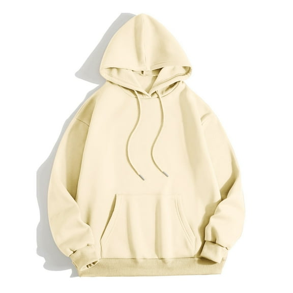 Fshinging Solid Oversize Women Hoodie Basic Causal Long Sleeve Drawstring Y2K Pullover Tops Beige L