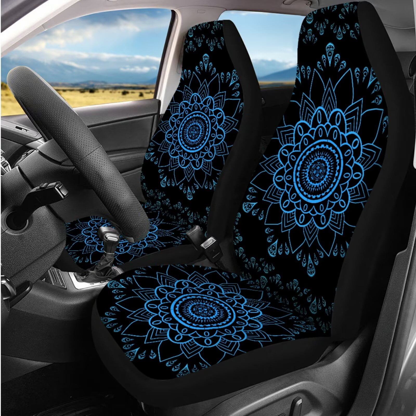 HUIACONG Blue Lotus Mandala Car Seat Covers for Women Full Set 14 Pcs Boho Car Accessories Interior Including Steering Wheel Cover Seat Belt Covers Armrest Cover Headrest Covers Coasters Keychain