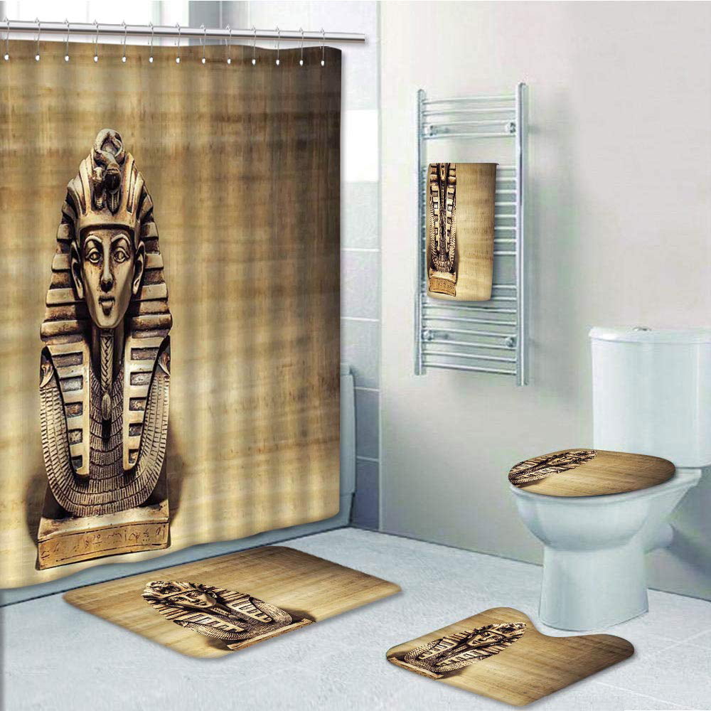 60/72" Egypt Pharaoh Gold Mask Waterproof Fabric Bath Shower Curtain &Mat &Hooks