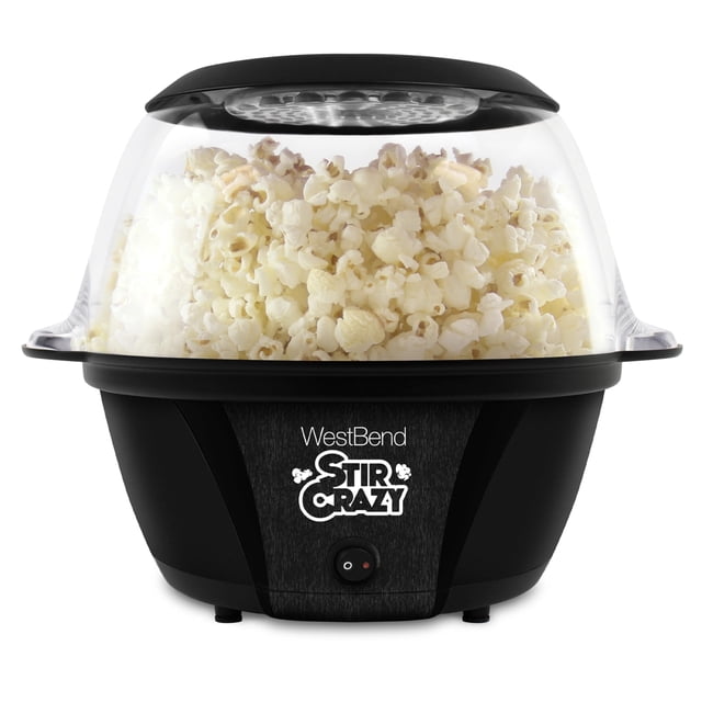 West Bend 82707B Stir Crazy Hot Oil Popcorn Popper, Popcorn Maker Machine with Large Serving Bowl Lid and Stirring Rod, 6 Qt, Bla