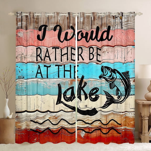 Homewish Rustic Lake House Black Out Curtains for Teen, Countryside Fishing Curtains Pack of 2 (42x63 Each), Blue Red Wooden Plank Bedroom Curtains, Black Out Curtains Decor