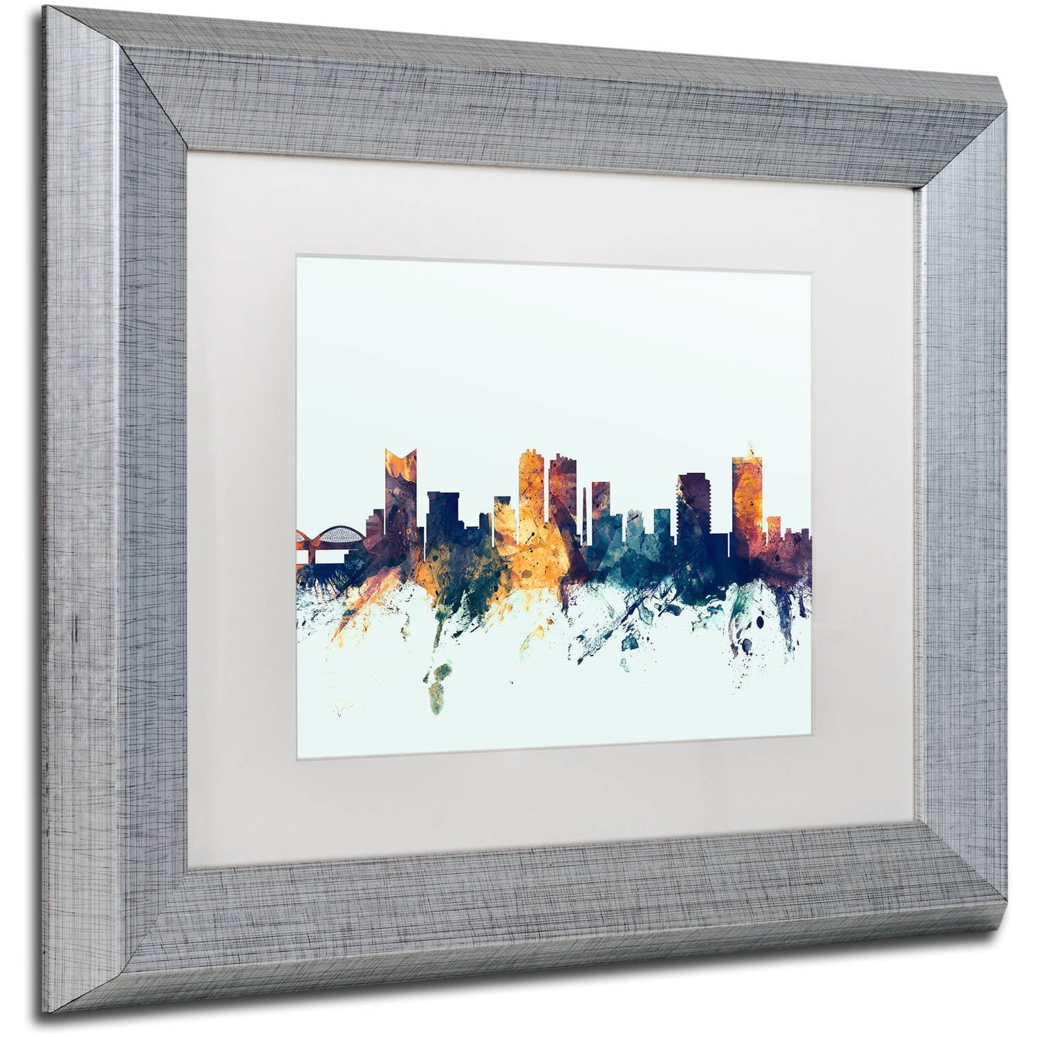 Trademark Fine Art "Fort Worth Texas Skyline Blue" Canvas Art by Michael Tompsett, White Matte, Silver Frame