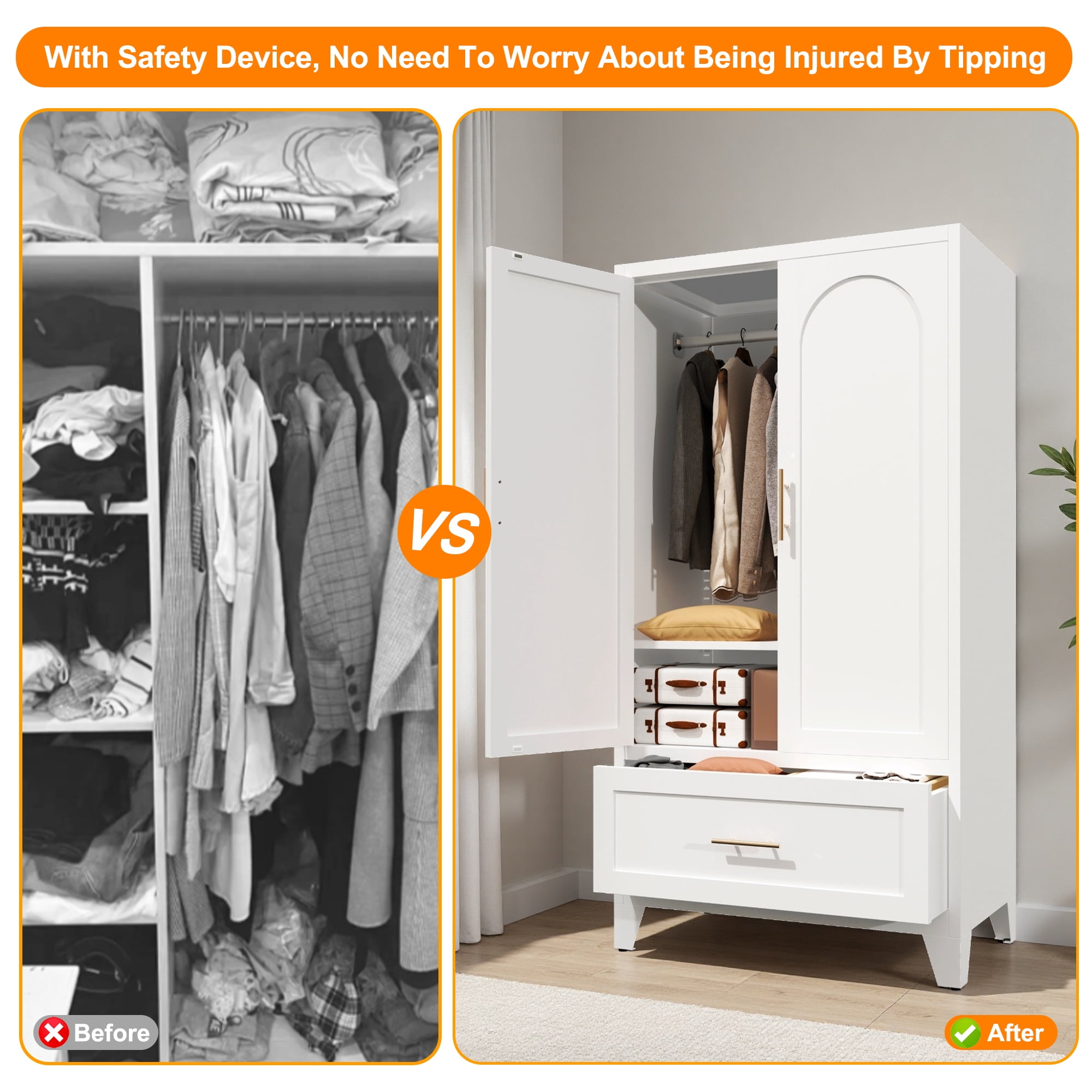 Homy Casa 60" Freestanding Armoire Wardrobe Closet with Doors, Drawer for Bedroom, White Storage Cabinet