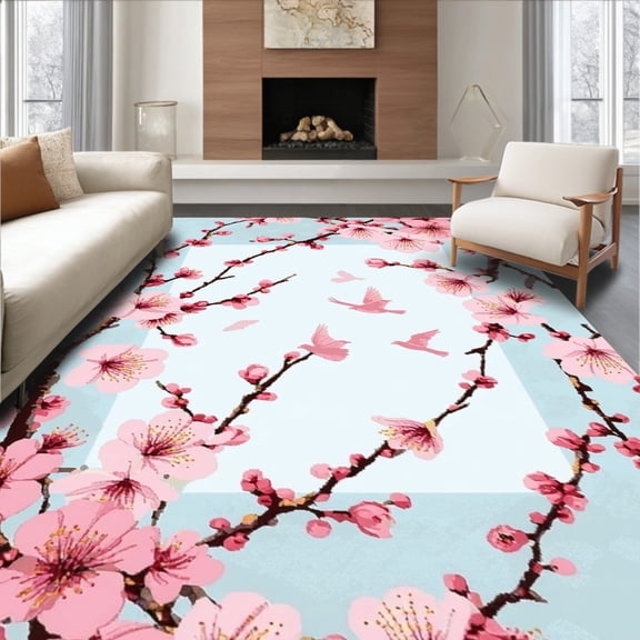 ODIKA 4'x6' Machine Washable Non-Slip Area Rug, Cherry Blossom Porch Elegant Welcome Statement High Traffic Rug, Pink, 101913