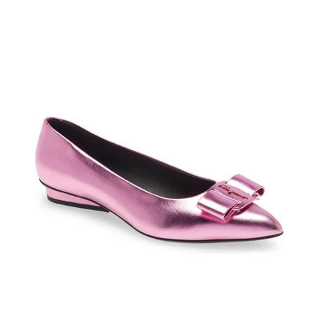

Salvatore Ferragamo Women s Viva Bow Metallic Pointed Toe Leather Flat in Pink