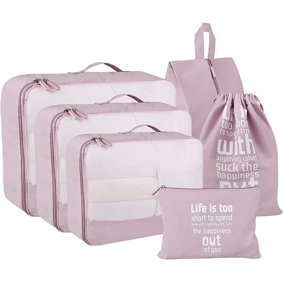 Packing Cubes Set, 6 Pcs Travel Packing Organizers for Suitcases, Large Capacity Travel Luggage Organizers Set includes 10 Storage Bags, Convenient Organizer Bags for Travel Lovers (Pink)