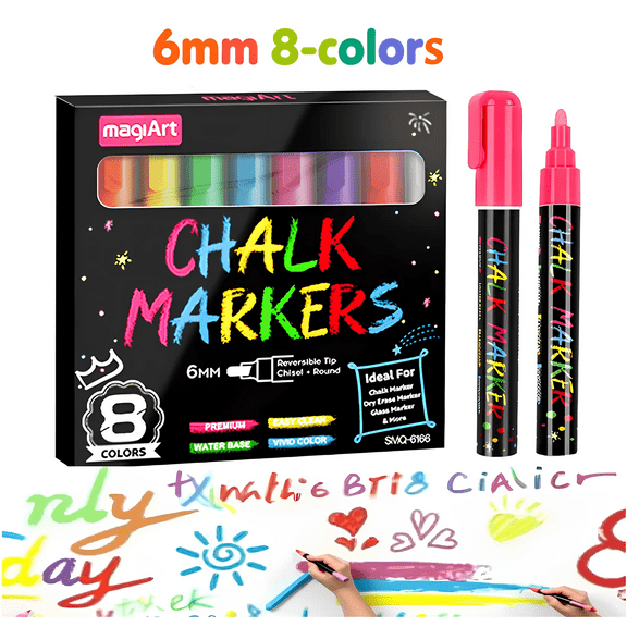 Liquid Chalk Markers for Blackboards - Bold Color Dry Erase Markers Pens - Chalkboard Markers Whiteboard Markers Window Markers for Glass Washable,Chalkboards,Signs,6mm Reversible Tip,8 Pack