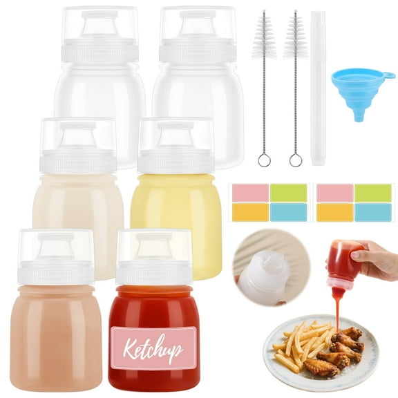 Topekada 12 Pcs Condiment 5 Nozzles Squeeze Bottles, 6oz/180ml Salad Dressing, Ketchup Dispensers with Funnel, Cleaning Brushes, Labels and Marker,Sauce Containers for Kitchen, BBQ, Baking