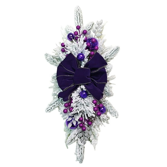 Purple Christmas Teardrop With Large Velvet Bow Frosted Branches Purple Baubles Berries Festive Holiday Wall Door Decoration
