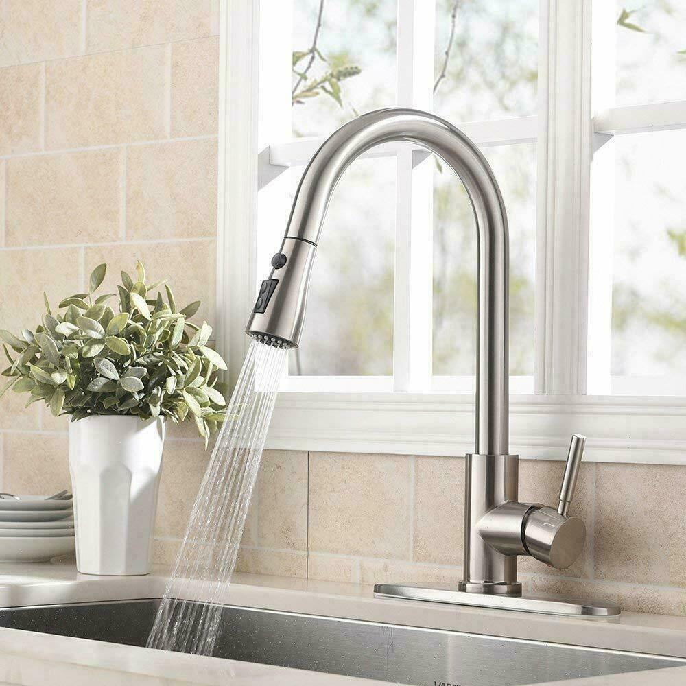 Commercial Stainless Steel Kitchen Sink Faucet Pull Down Sprayer Spring Mixer Brushed Nickel
