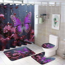 Bathroom Set, Purple Plum Butterfly Printed Bathroom Set,Bathroom Set 4-Piece Set,Bathroom Set with Shower Curtain Sets and Carpet