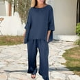 thumbnail image 2 of NMMUED Women's Linen 2 Piece Outfits Summer Shirts Wide Leg Linen Pants Loose Fit Cotton Linen 3/4 Sleeve Top Wide Leg Pants Beach Vacation Clothes Matching Set Women Navy 3XL, 2 of 8