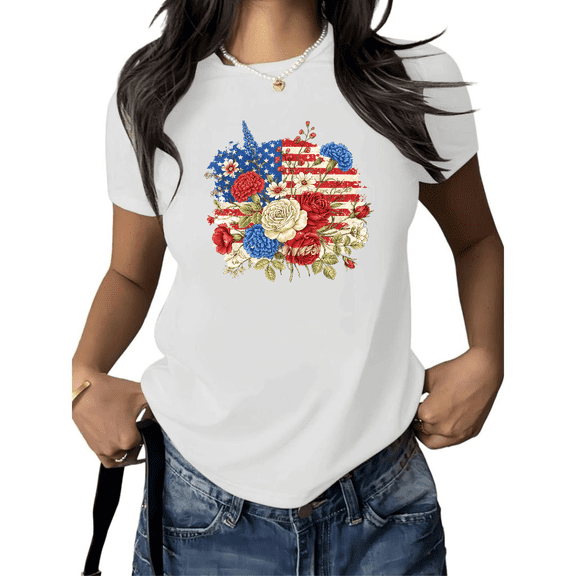 Cozymy Women's Patriotic Floral Graphic Short Sleeve T-Shirt American Flag Flower Print Cotton Crewneck Casual Elegant Relaxed Fit Summer Tops