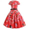 thumbnail image 5 of Cavosen Womens 50s Dresses Knee Length Dresses Short Sleeve Vintage Retro Floral Tea Dress Midi A Line Dress Crewneck Party Dress Evening Prom Gown Bowknot Belt Cocktail Fit and Flare Dress, 5 of 8