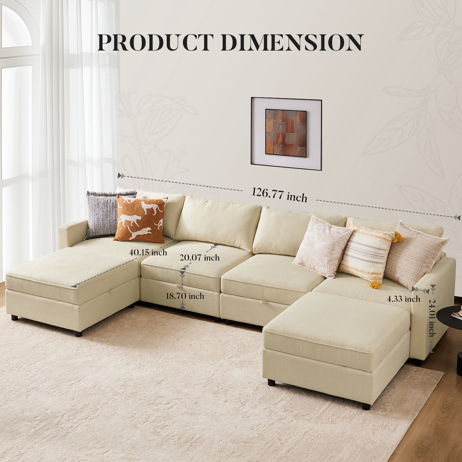 GIANNA 6-Seat Convertible Sectional Sofa with Storage, Modern L-Shaped Sleeper Sofa with Ottoman, Extra Deep Seat Cushions, Soft Fabric, Beige