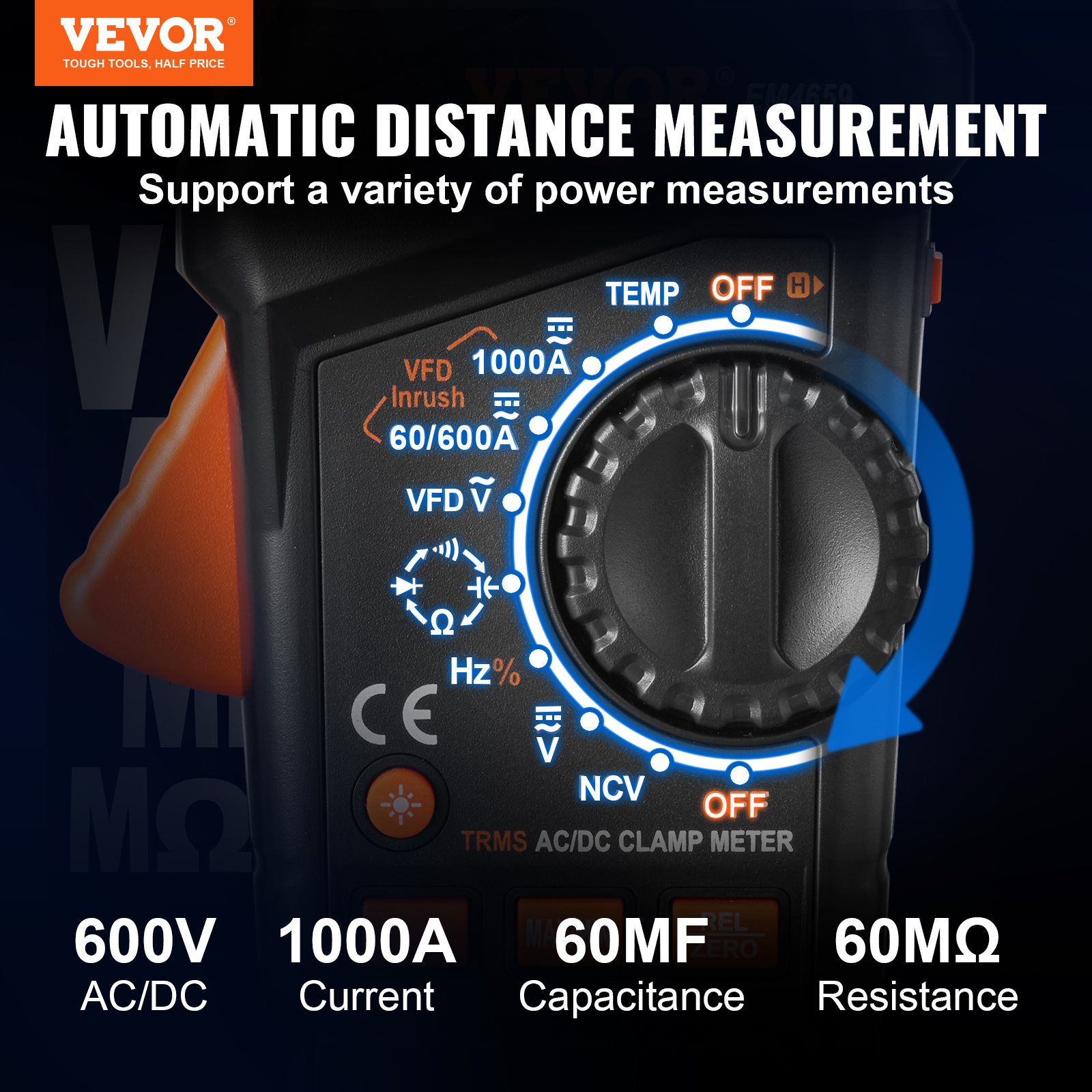 BENTISM Digital Clamp Meter T-RMS, 6000 Counts, 1000A Clamp Multimeter True RMS AC DC Volt Amp NCV Measurement - image 3 of 10