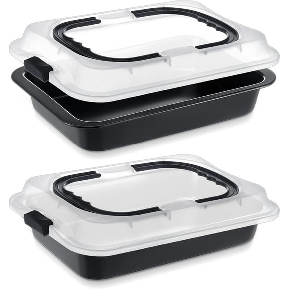 2 Pcs Cake Baking Pan with Lid and Handle, 9 x 13 Inch Non-stick Cake Pan, Rectangle Sheet Cake Pan Carrier for Sheet Cake Brownie Roasting Cooking Baking Pan and Lids Set