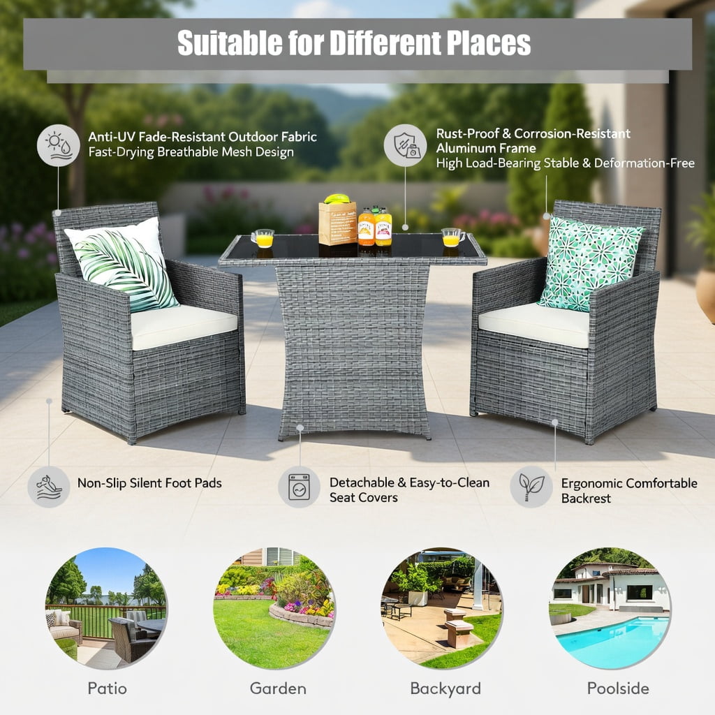 Hommoo 3-Piece Modern Patio Rattan Furniture Set, Steel Frame with Cushions, Tempered Glass Table & Ergonomic Armchairs for Balcony, Porch & Garden