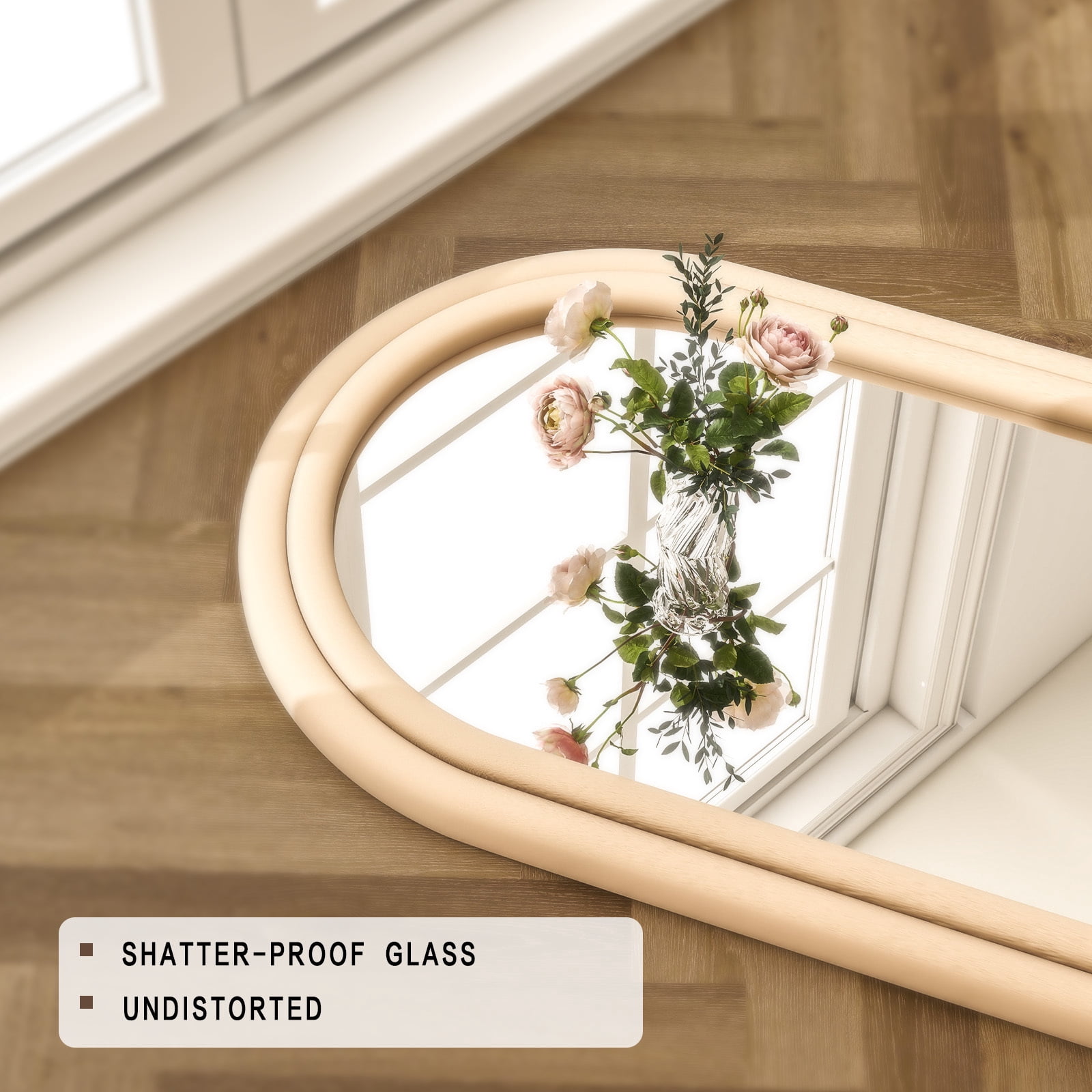 Anyrose 63"x24" Arched Full Length Mirror Round-Edge Floor Mirror With Flannel Frame, Light Brown