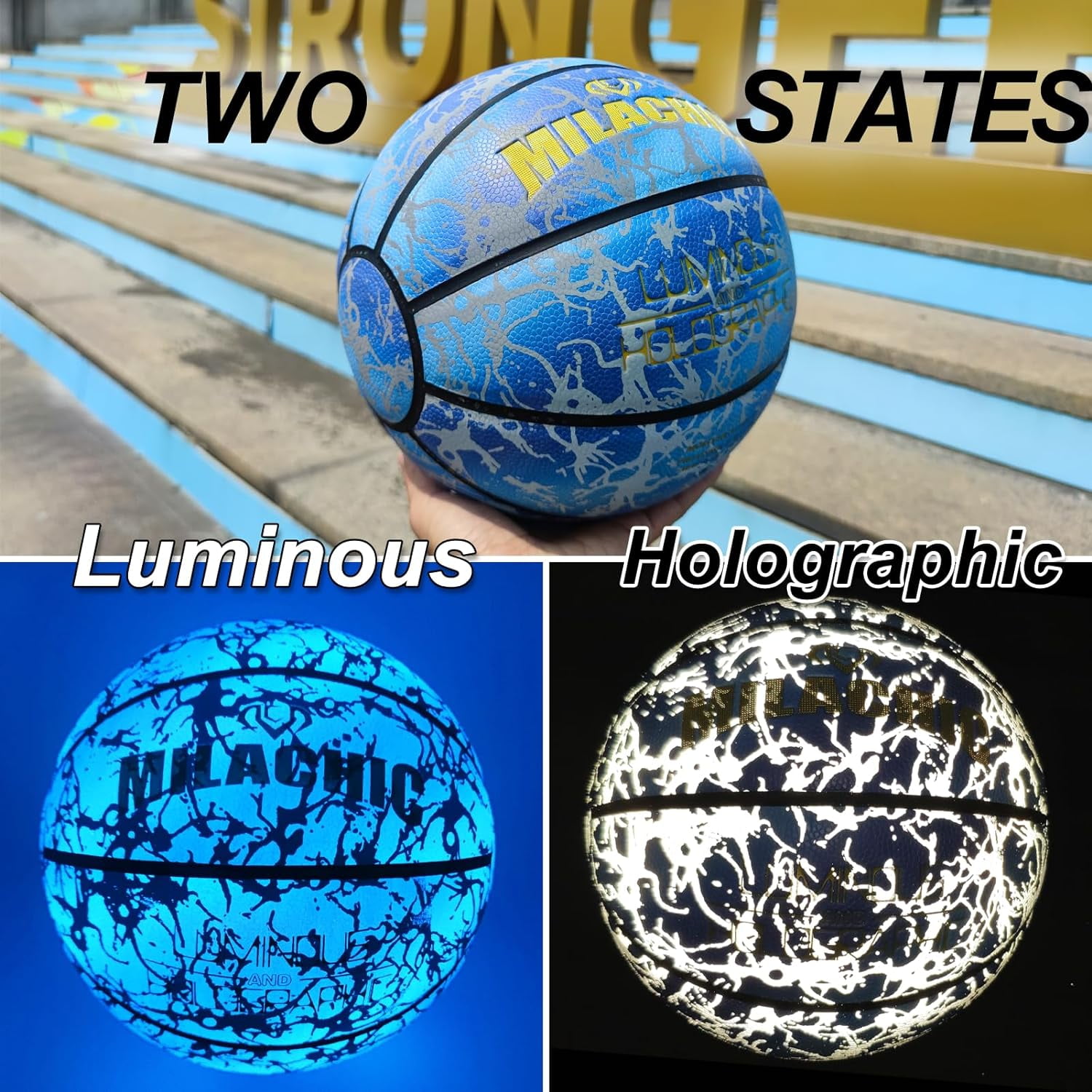 Basketball, Glow in The Dark Holographic Basketball, Official Size 7 Indoor Outdoor Luminous Glowing Leather Basketball 29.5" - with Pump