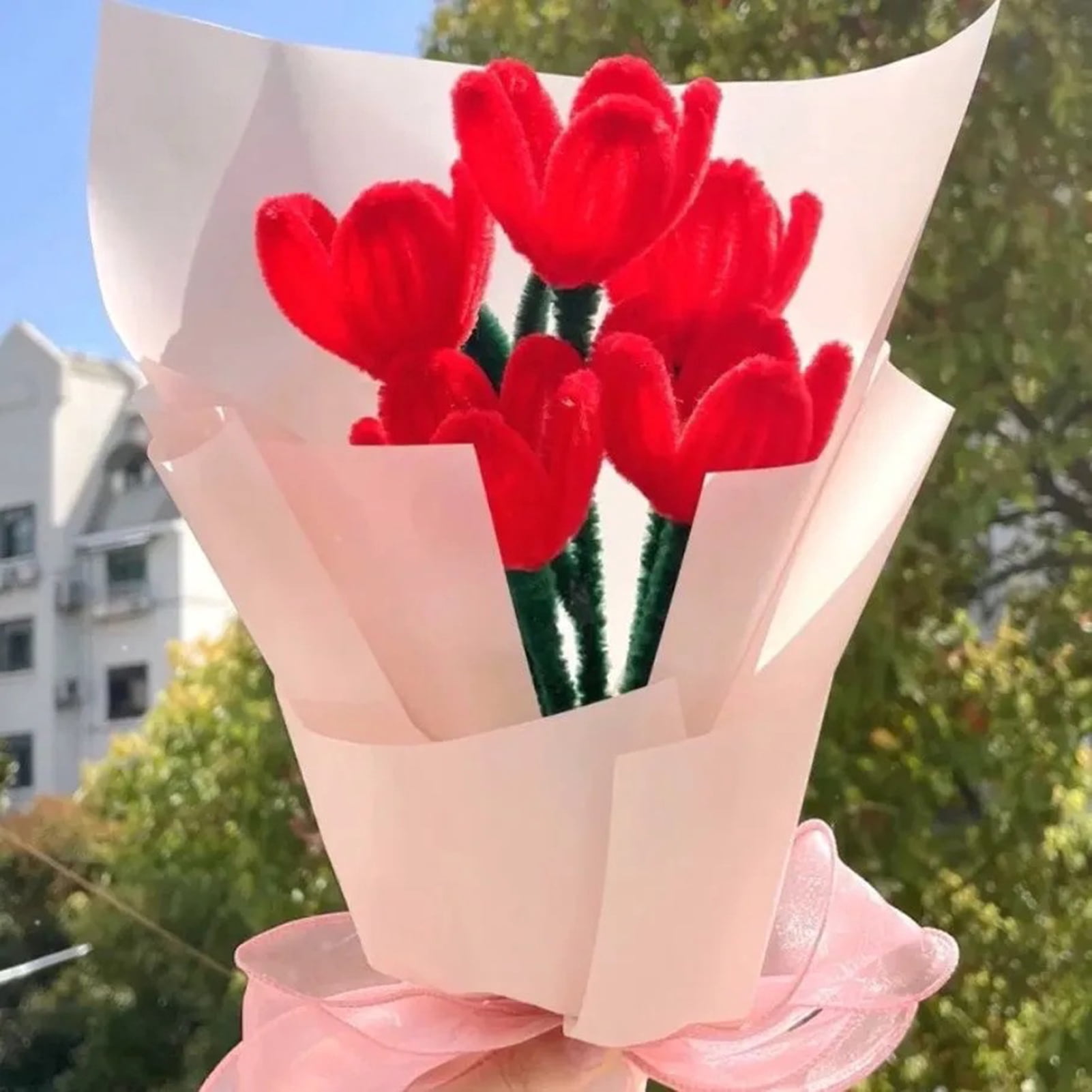 dianhelloya 1 Set Pipe Cleaners Crafts Flexible Bendable Wire Colorful Chenille Stems DIY Tulip Bouquet Making Kit Kids Girl DIY Flower Art Project Craft Supplies Birthday Gift Dark Pink
