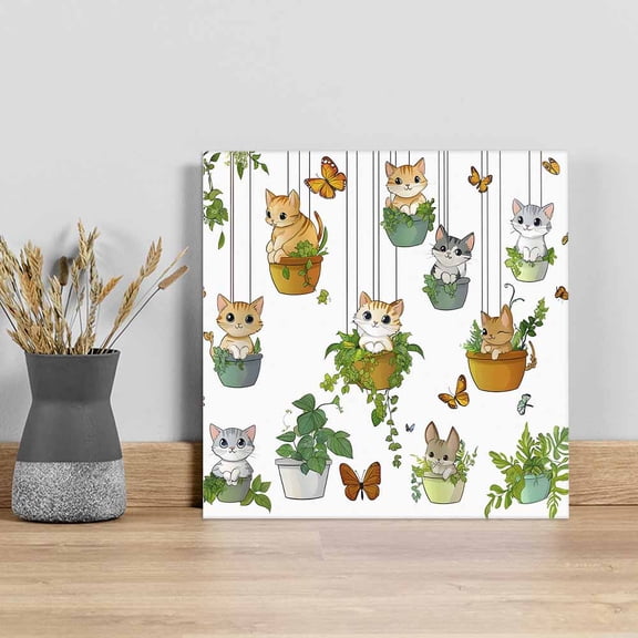 Cute Cartoon Wall Art Painting on Canvas, Cat Butterfly Spring Floral Botanical Canvas Art Home Prints Wall Art Framed Modern Artwork for Living Room Bedroom Wall Decor 8x8in
