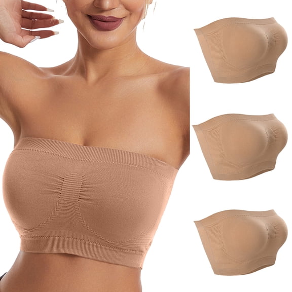 ATOYSOY Women's 3 Pack Invisible Tube Tops Bra Everyday Bra Strapless Seamless Evening Wedding Beach Wirefree Bralette Underwear Push Up Breathable Comfort Bra Beige L