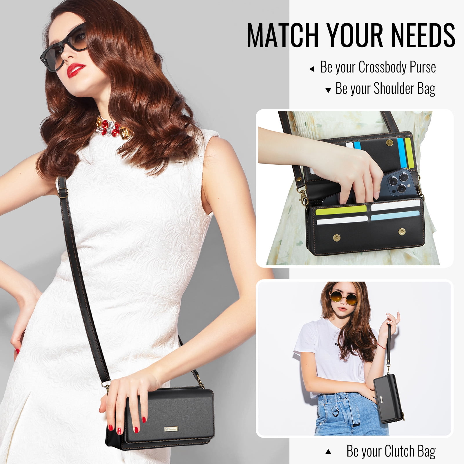 CaseMe Fashion Small Crossbody Bag for Women,Cell Phone Purse Women's Shoulder Handbags Wallet Purse with RFID Blocking Credit Card Slots Zip Small Crossbody Bag Wrist strap/Shoulder strap - Black