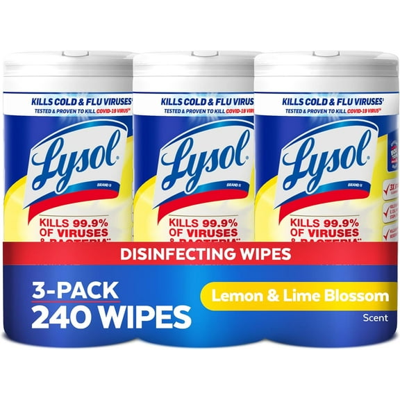 Lysol Disinfectant Wipes, Multi-Surface Antibacterial Cleaning Wipes, For Disinfecting and Cleaning, Lemon and Lime Blossom, 80 Count (Pack of 3)
