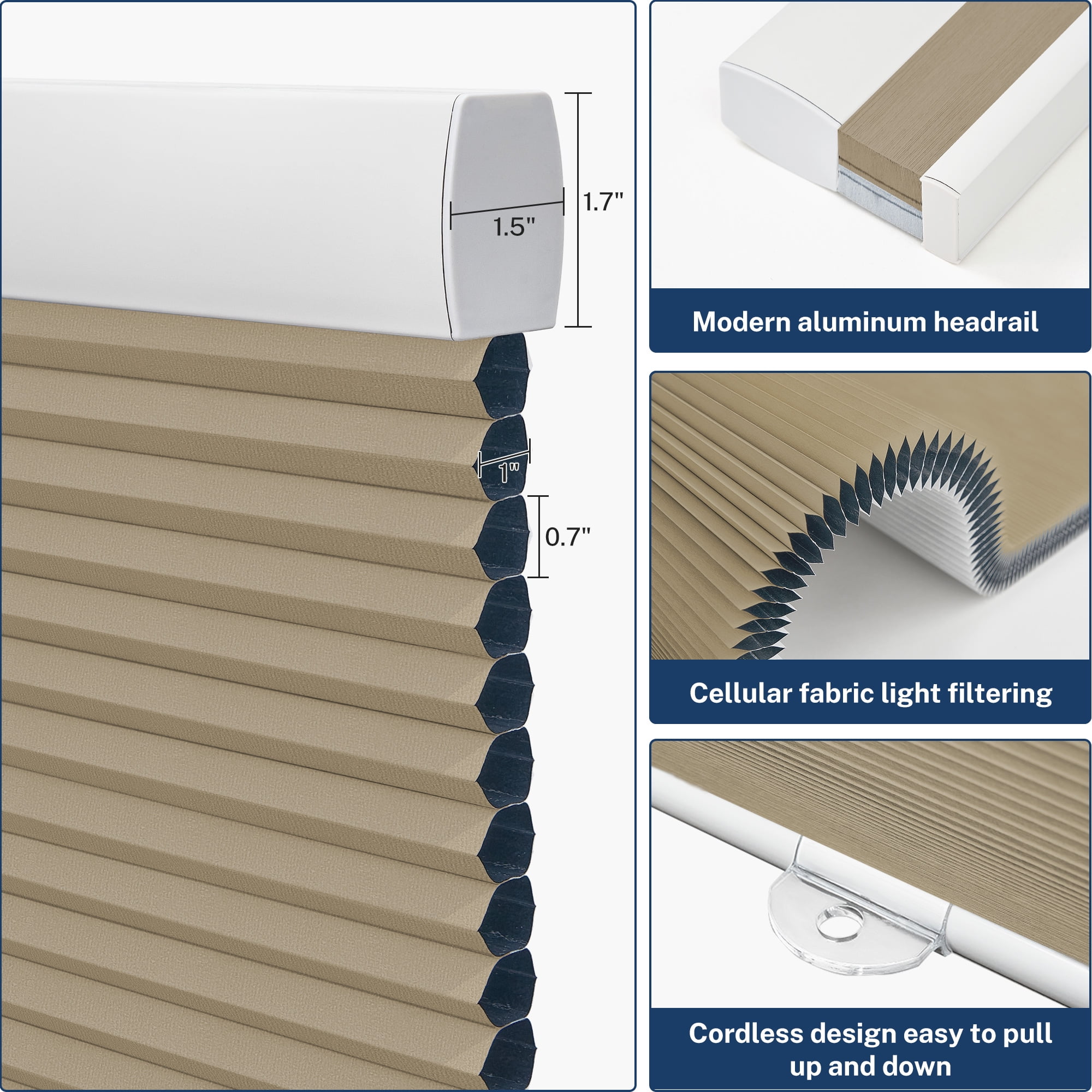 Keego Cordless Cellular Shade for Windows Insulated Mini Blinds for Room Darkening Blackout Brown, 40"W x 60"H