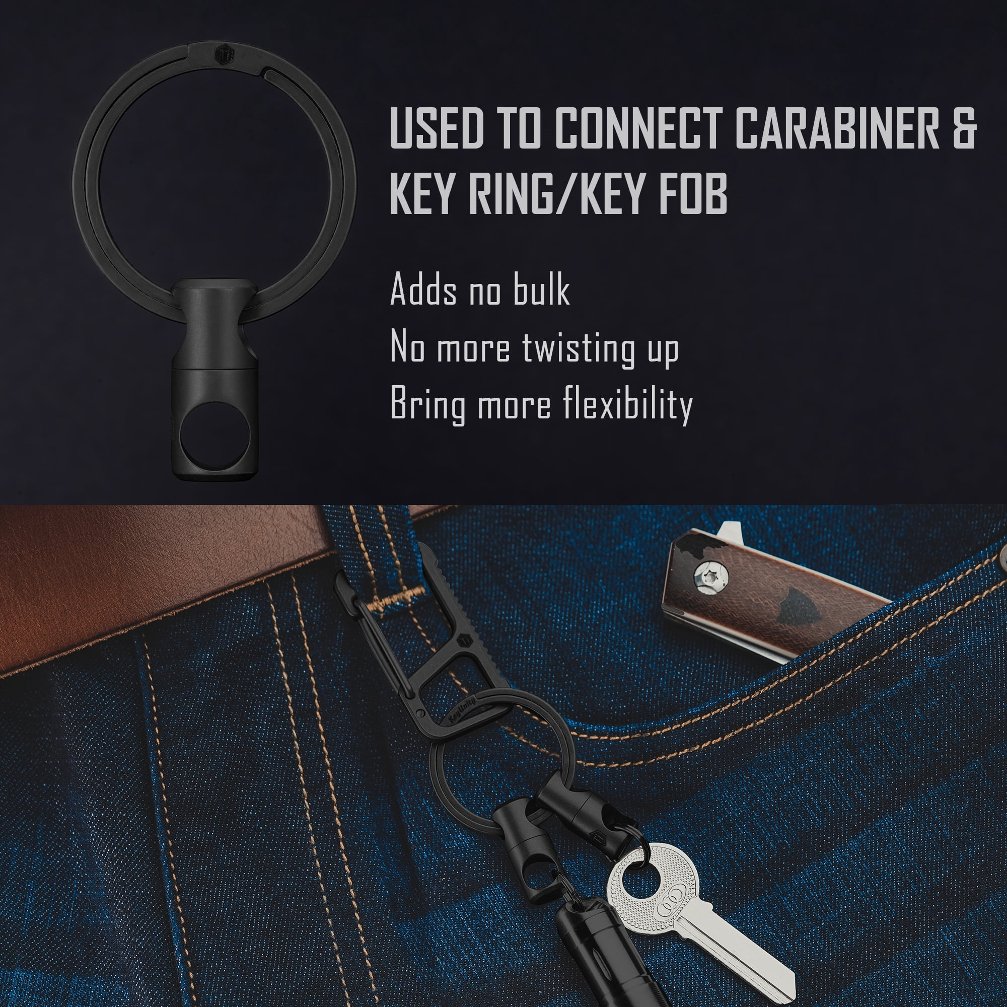 Key Unity Titanium Swivel Keyring Keychain Connector, 2 Pack 360° Rotating Key Linker for Carabiner & Split Rings KA07 Black