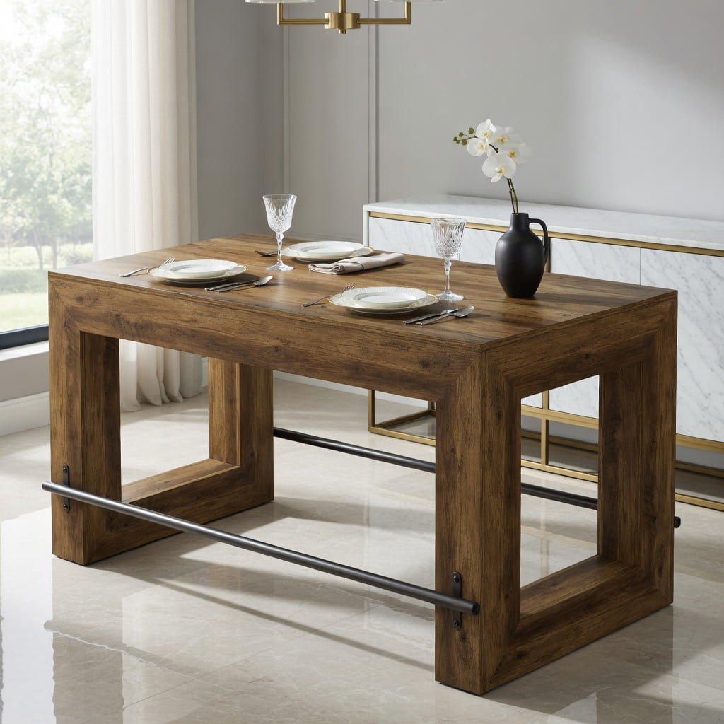Hommoo 59 Inch Counter Height Bar Table with Metal Footrest, Modern Rectangular Pub Table for Dining Room, Kitchen Island, or Home Bar, Brown