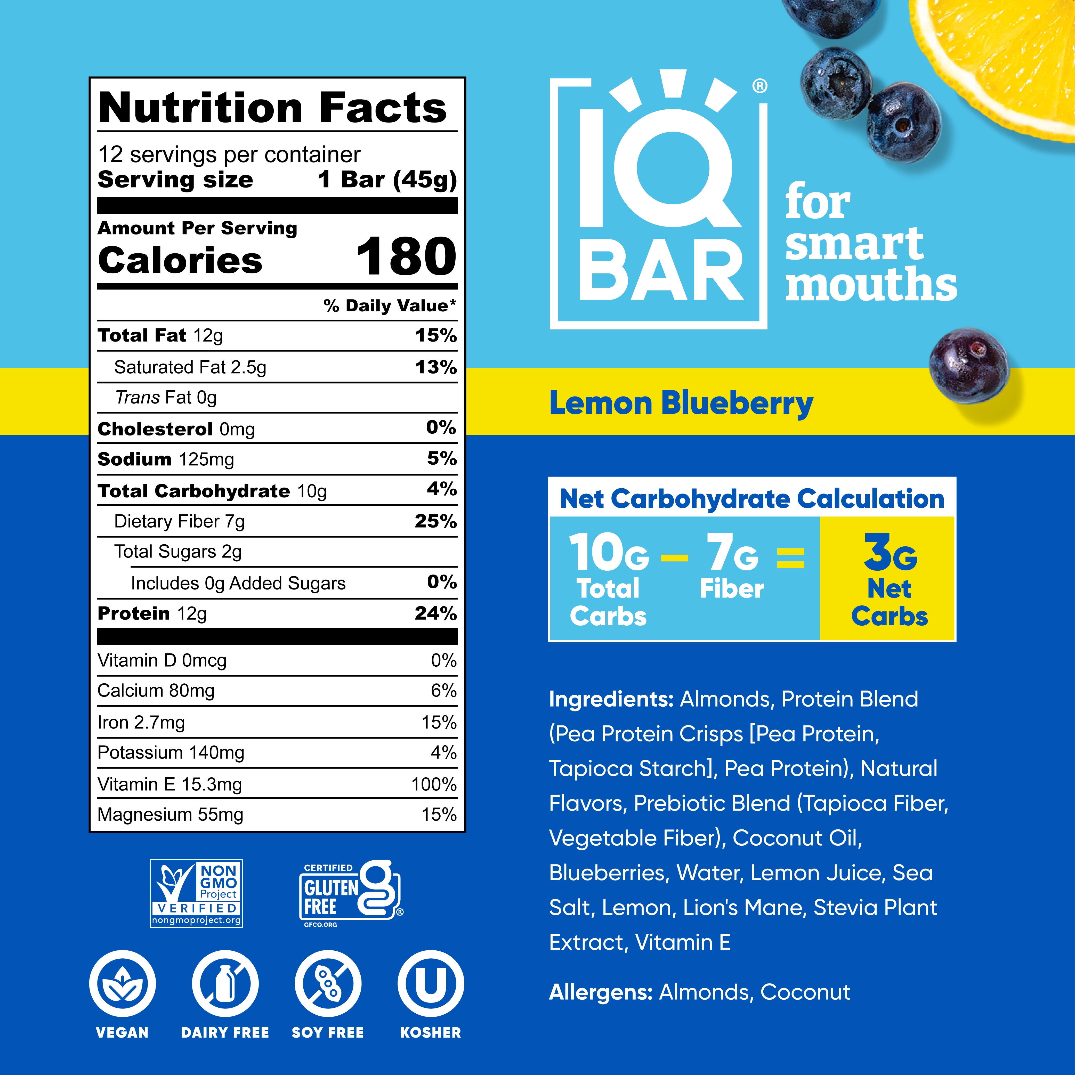 IQBAR Clean Plant Protein Bars - Lemon Blueberry - 12 Count - Keto, Vegan, High Fiber, Gluten and Dairy Free, Low Sugar Snack