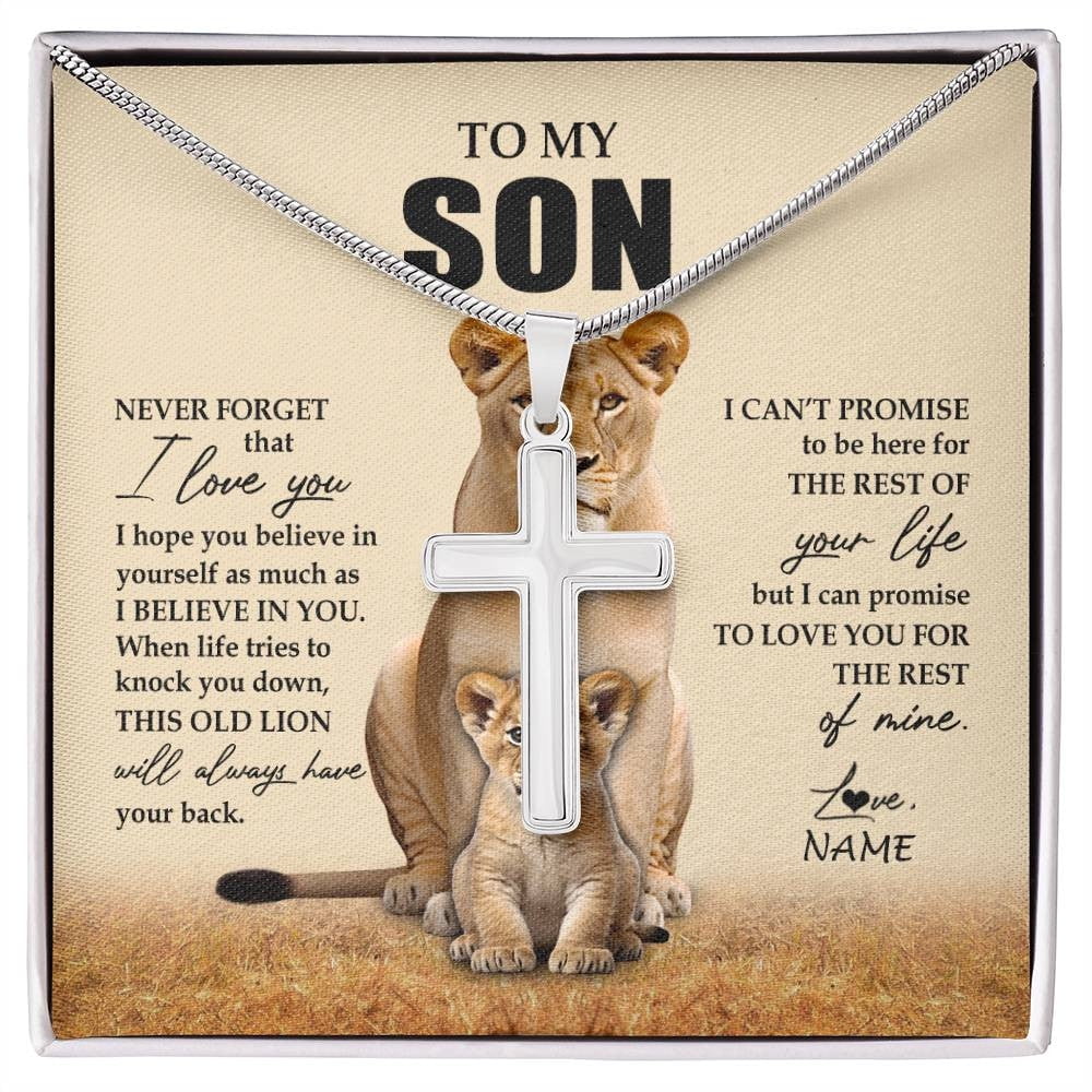 To My Son From Mom Mother Lion Never Forget That I Love You Son Birthday Graduation Message Card, Multi Cross Necklace