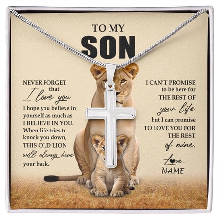 To My Son From Mom Mother Lion Never Forget That I Love You Son Birthday Graduation Message Card, Multi Cross Necklace