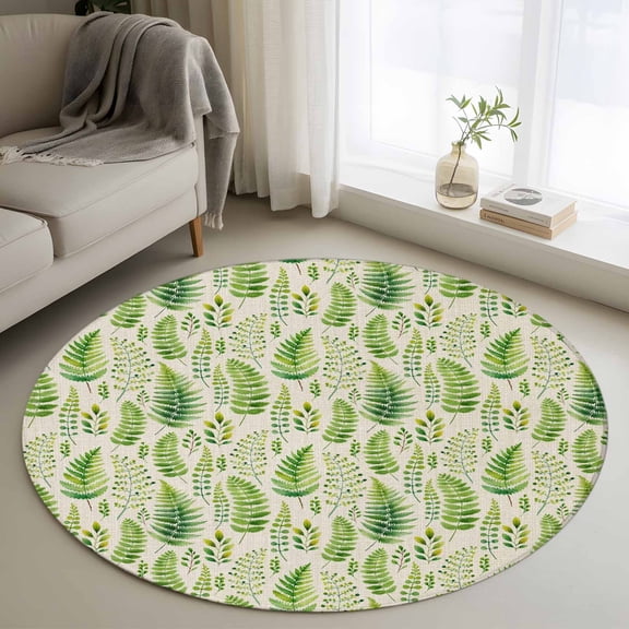 Spring Leavse Round Area Rug 4Ft Washable Circle Rugs for Bedroom Dining Room, Pastoral Garden Botanical Rustic Burlap Non-Slip Carpet Floor Mats Indoor Outdoor Carpet Runner Aesthetic Home Decor