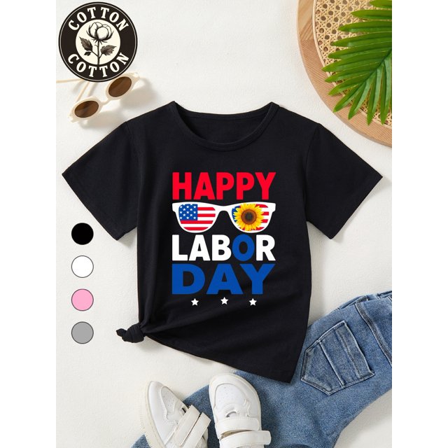 Kids' 100% Cotton Labor T-Shirt - Patriotic American Flag & Sunflower Graphic with "Happy Labor quot; Text, Cute Round Neck Tee for Boys & Girls, 3 Colors (, Black, White)