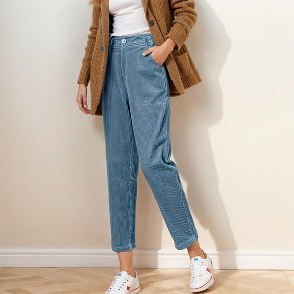 ClodeEU Women's Taper Jeans High Elastic Waist Long Pants ,Corduroy Solid Color Straight Leg Pants with Pockets Blue,Womens Plus M