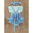 thumbnail image 3 of Toddler Girl Summer Outfits Solid Color Rib Fly Sleeve T-Shirts Fish Scale Print Suspender Shorts Headband Set, 3 of 9