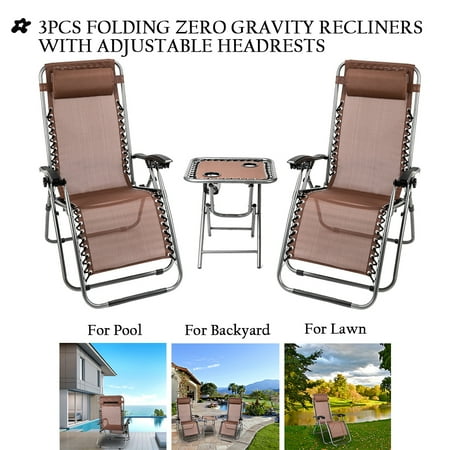 Clearance 3 Piece Lounge Chair Outdoor Folding Zero Gravity Recliners W Adjustable Headrests Sturdy Camping Chairs And Table W 2 Cup Holders