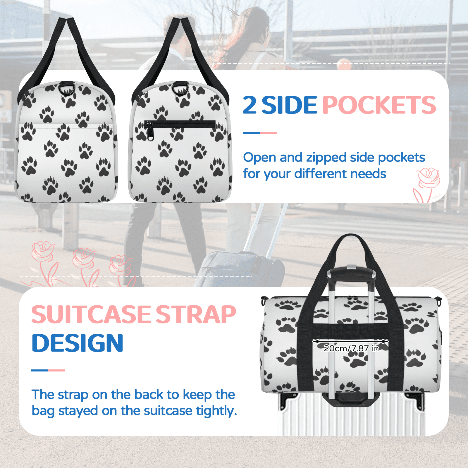 Herdesigns Paw Print Travel Duffle Bag Sports Yoga Weekender Overnight Carry on Workout Bags Lightweight Waterproof Gym Tote Bag for Women Black White Animal Print
