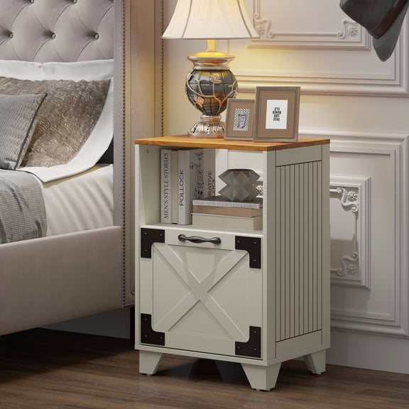 Manora Farmhouse Nightstand with Drawer & Open Storage Shelf, Rustic Bedside Table for Bedroom, Red Oak & White