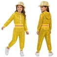 thumbnail image 3 of iiniim Girls Boys Sequin Jazz Hip Hop Dance Performance Hooded Jacket Top with Pants and Hat Outfits Yellow 7-8, 3 of 7