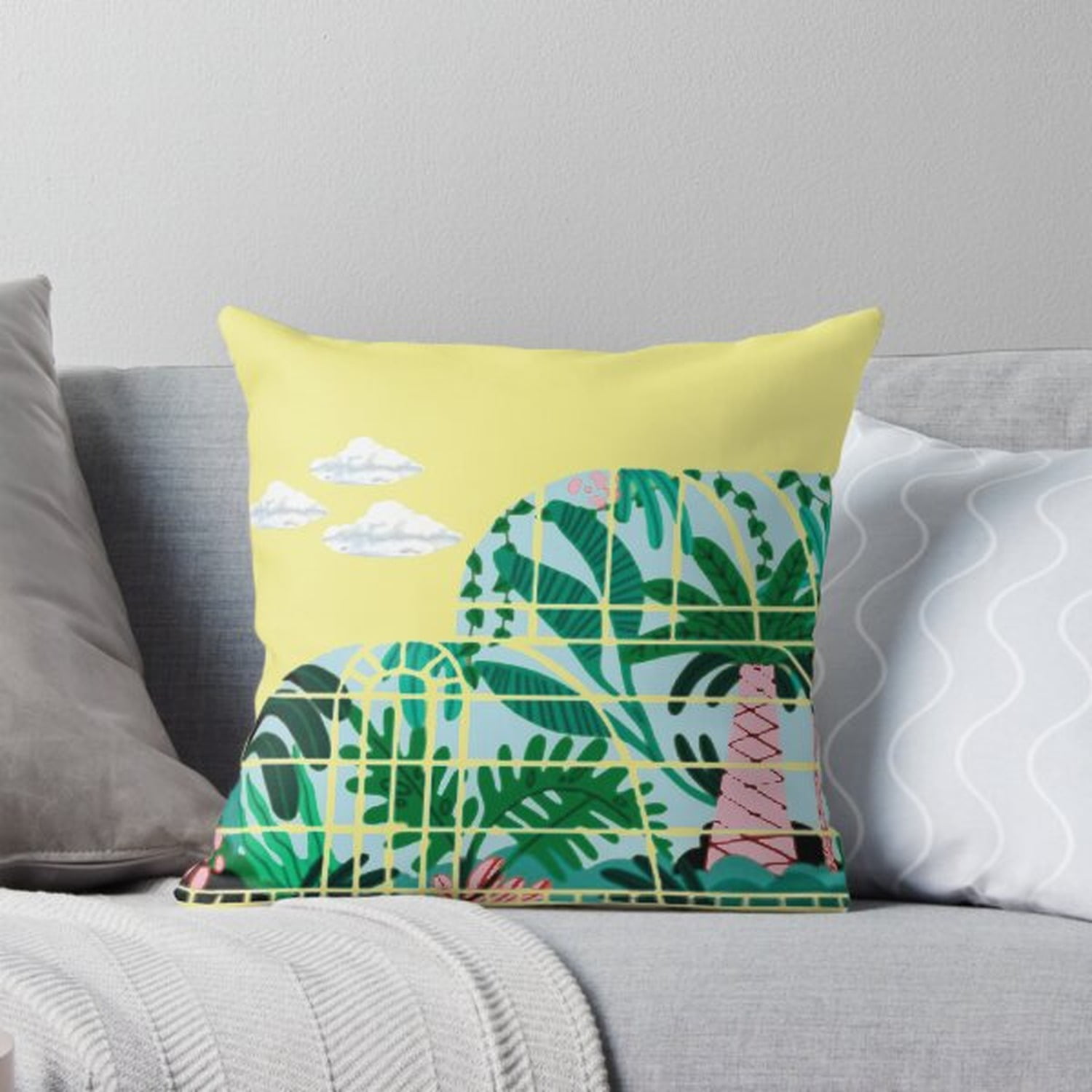 Tropical Greenhouse Plants and Clouds Yellow Square Pillow Case 100% Polyester Velvet Botanical Home Décor
