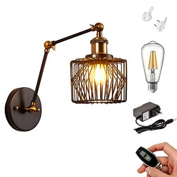 Kiven 1-Light Battery Operated Iron Wall Lamp, Vintage Black Rechargeable Wall Sconces, E26 Socket Bulb Included(Warm White)Wire Cage Wall Light Fixture