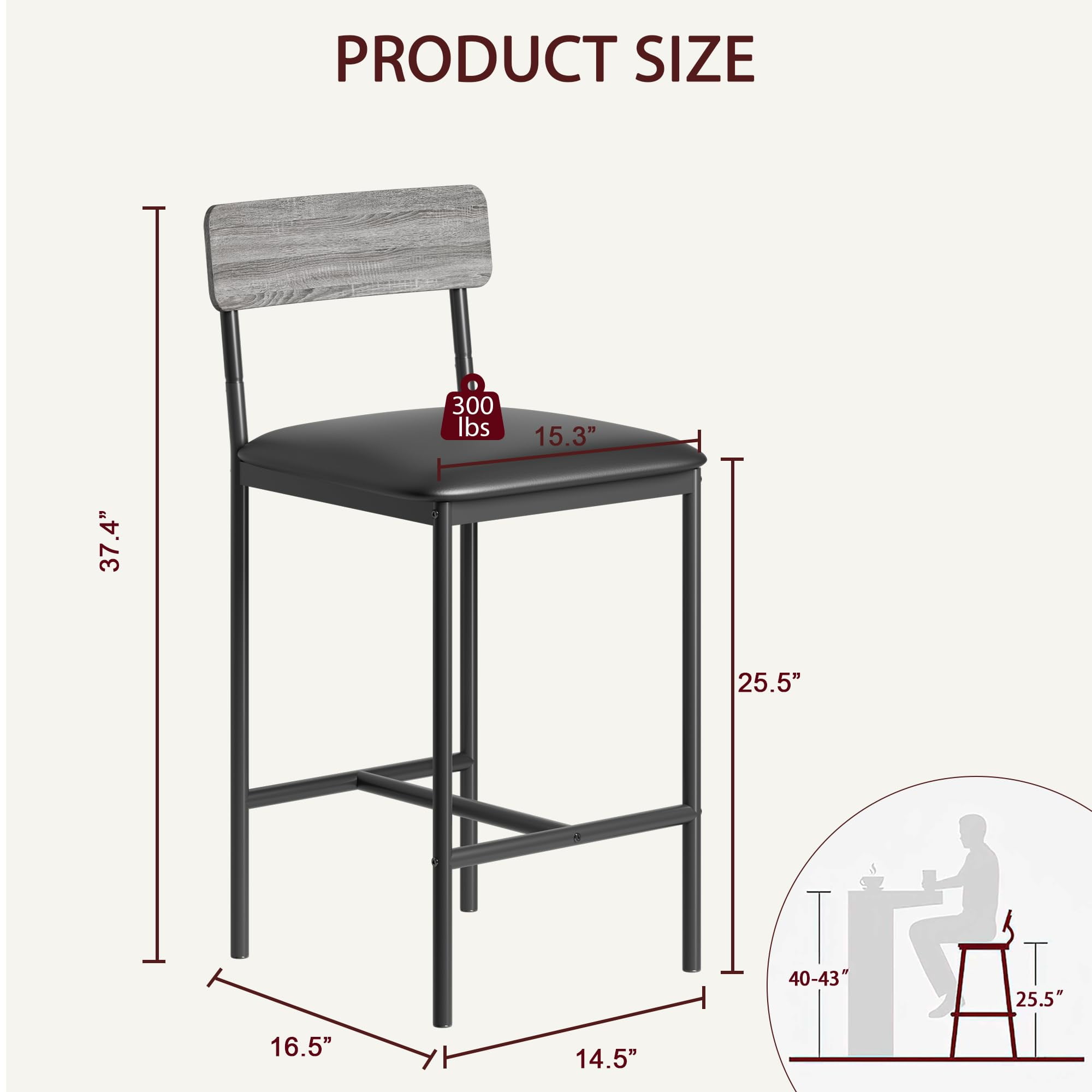 Fancihabor Counter Height Bar Stools PU Upholstered, Rustic Grey (Set of 2)